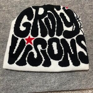 y2k style Gravity Visions white and black beanie with spiderweb design